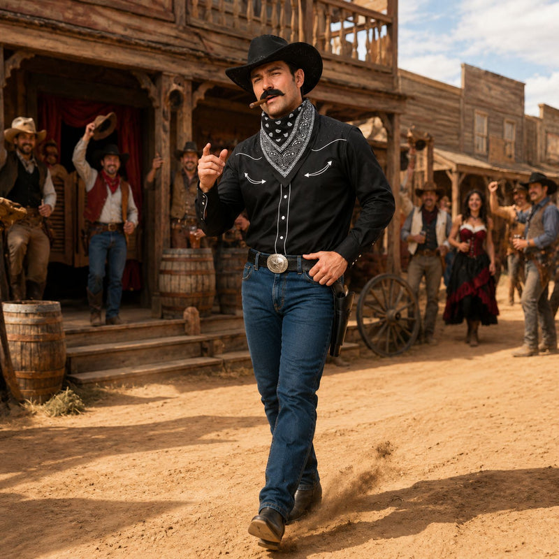 Cowboy Kostümset für Erwachsene 9-tlg. - Schwarz | Cowboyhut Halstuch Bärte