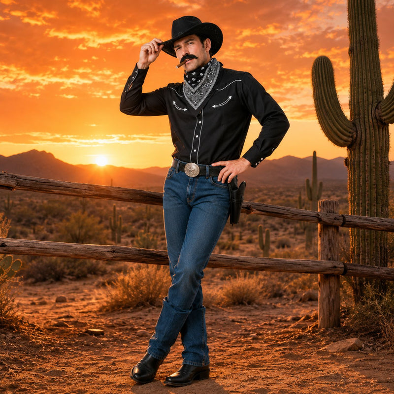 Cowboy Kostümset für Erwachsene 9-tlg. - Schwarz | Cowboyhut Halstuch Bärte