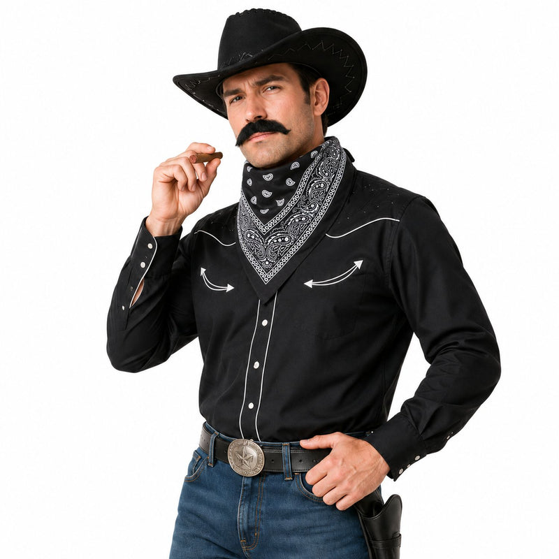 Cowboy Kostümset für Erwachsene 9-tlg. - Schwarz | Cowboyhut Halstuch Bärte