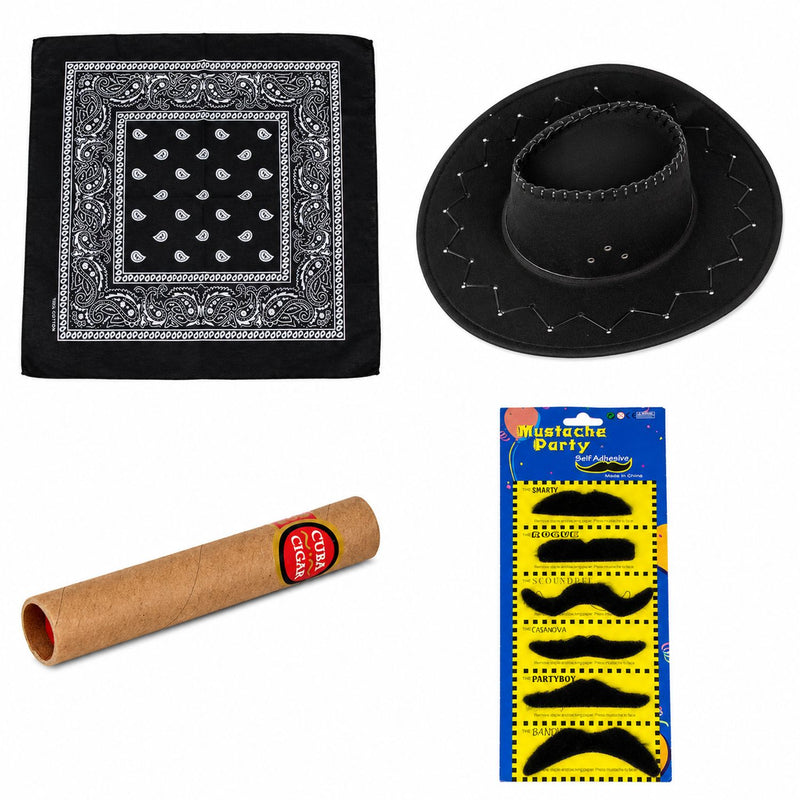 Cowboy Kostümset für Erwachsene 9-tlg. - Schwarz | Cowboyhut Halstuch Bärte