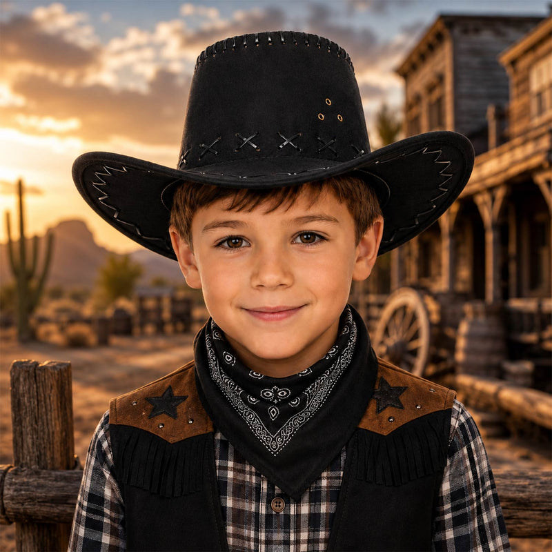 Kinder Cowboyhut mit Ziernähten | Schwarz | Western Hut