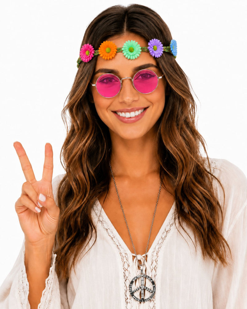 Hippie Set 3-tlg. - Margeriten Haarband, Peace Kette und Lennon Brille | Rosa