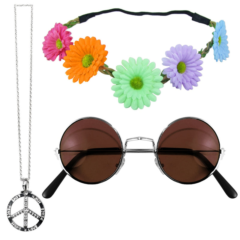 Hippie Set 3-tlg. - Margeriten Haarband, Peace Kette Lennon Brille | Braun
