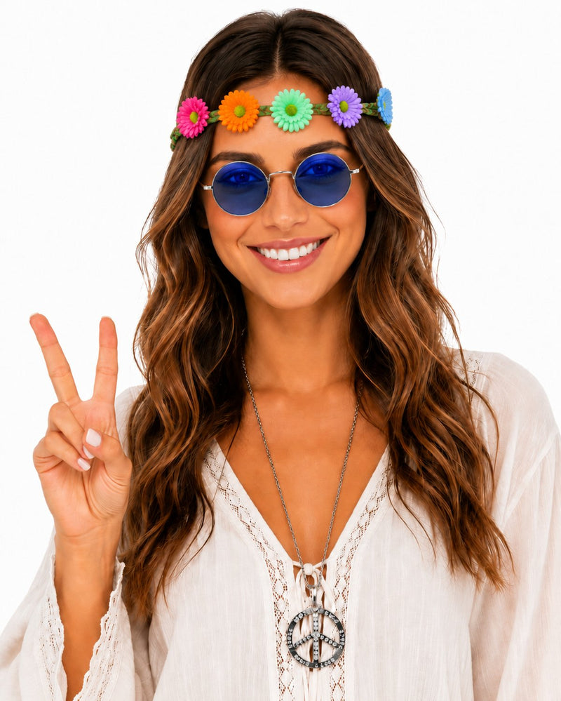 Hippie Set 3-tlg. - Margeriten Haarband Peace Kette Lennon Brille | Blau