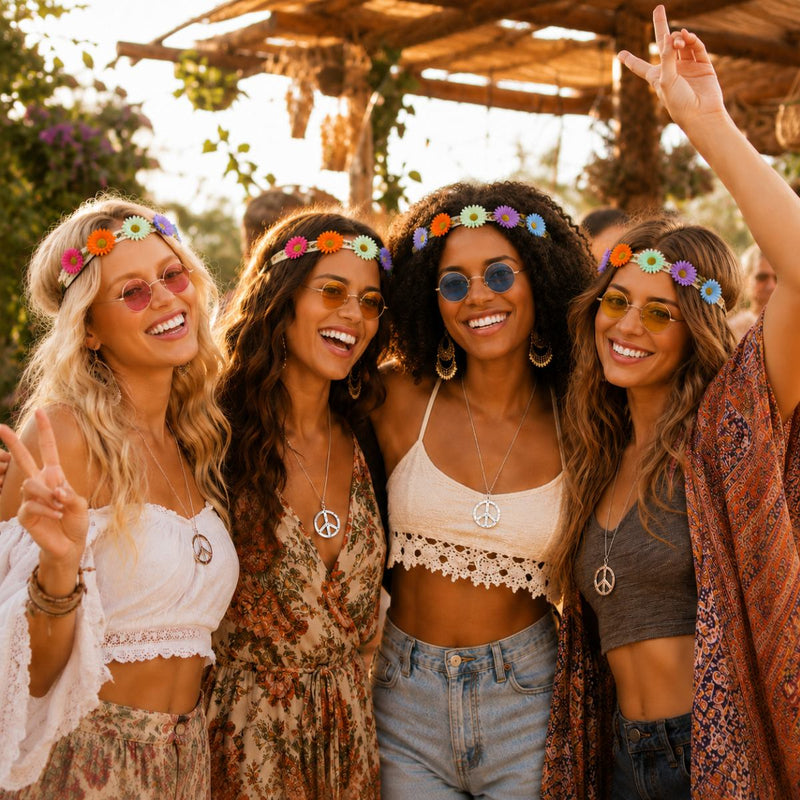 Hippie Set 3-tlg. - Margeriten Haarband, Peace Kette und Lennon Brille | Lila
