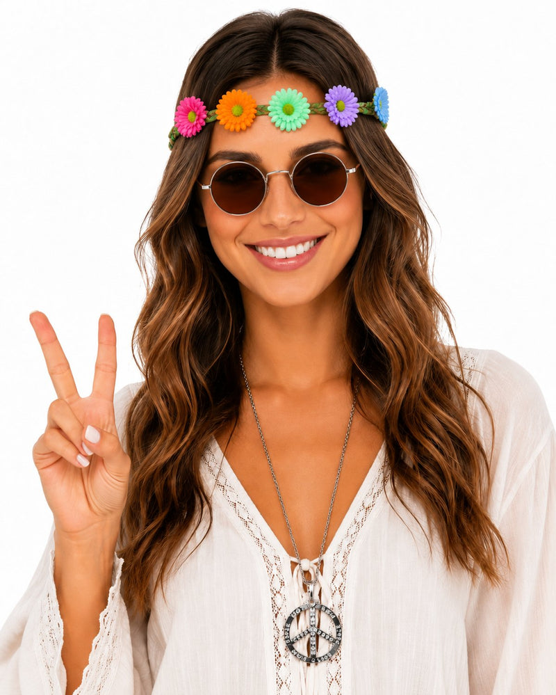Hippie Set 3-tlg. - Margeriten Haarband, Peace Kette Lennon Brille | Braun