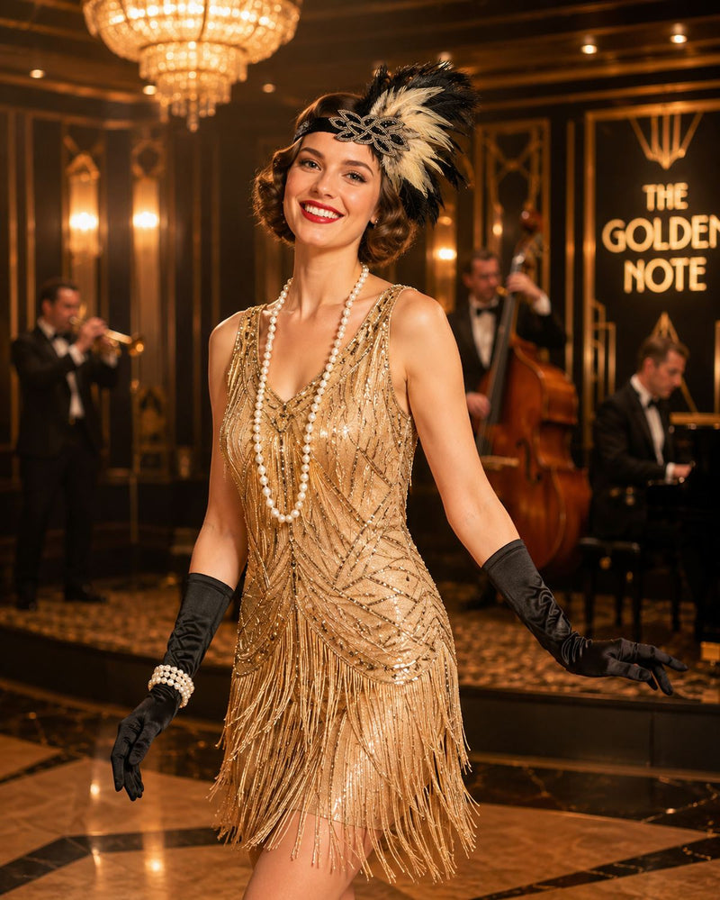 20er Jahre Charleston Set "Roaring" für Damen 5-tlg. - 414042 | Schwarz Gold