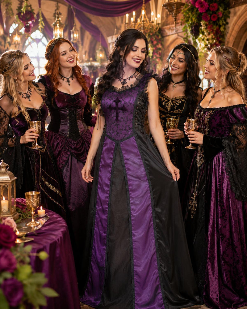 Mittelalter LARP Corsagenkleid Damen Gothic Kleid | Violett Schwarz