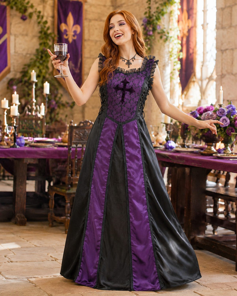 Mittelalter LARP Corsagenkleid Damen Gothic Kleid | Violett Schwarz