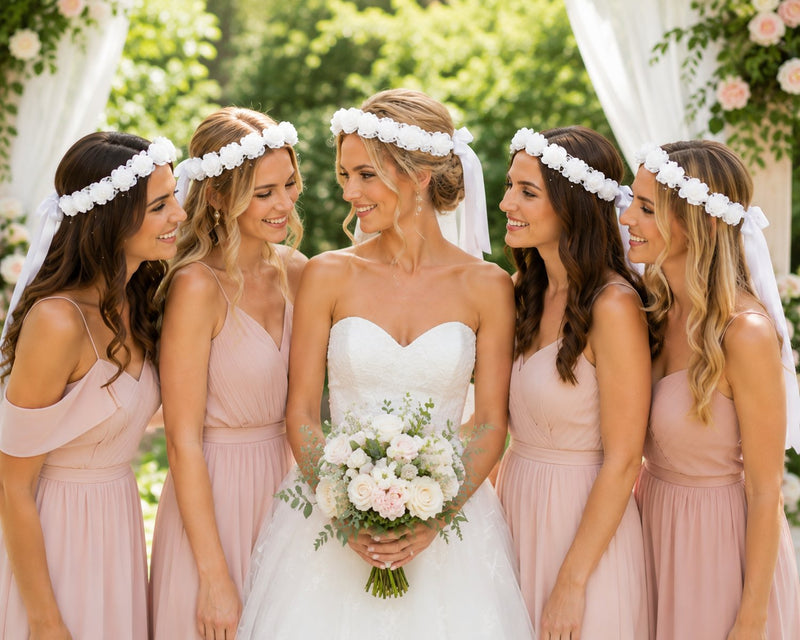 Braut Haarkranz Kisha mit Bändern und Blüten - Weiß
