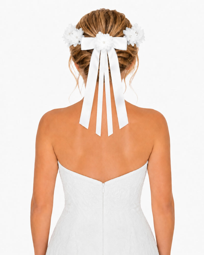 Braut Haarkranz Priska mit Bändern Rosen und Perlen - Weiß