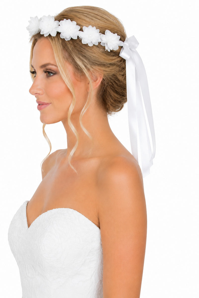 Braut Haarkranz Kisha mit Bändern und Blüten - Weiß