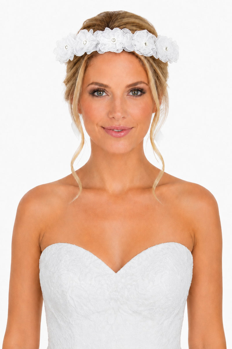 Braut Haarkranz Manya mit Bändern Spitze und Strass - Weiß