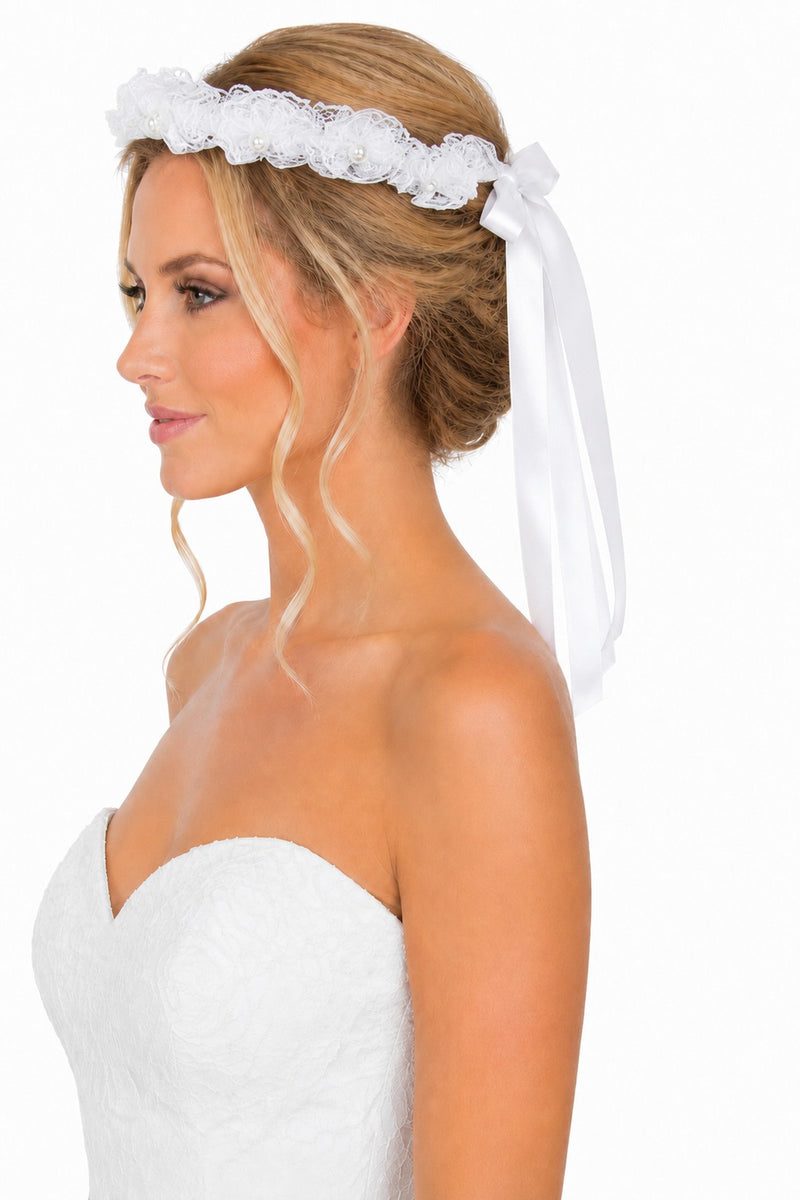 Braut Haarkranz Manya mit Bändern Spitze und Strass - Weiß