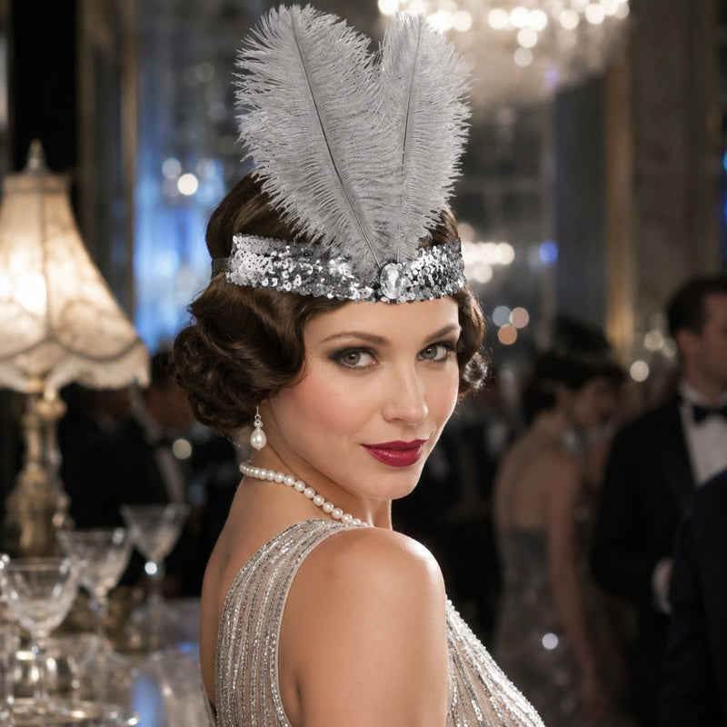 20er Jahre Charleston Pailletten Stirnband mit Federn - 414022 | Silber