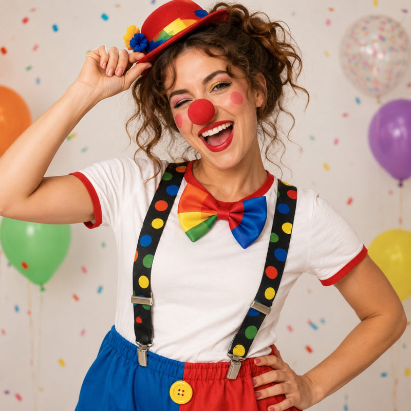 Clown Kostümset "Polka Dot" | Schwarz Bunt - Hosenträger Clownsnase