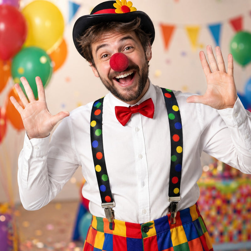 Clown Kostümset "Polka Dot" | Schwarz Bunt - Hosenträger Clownsnase