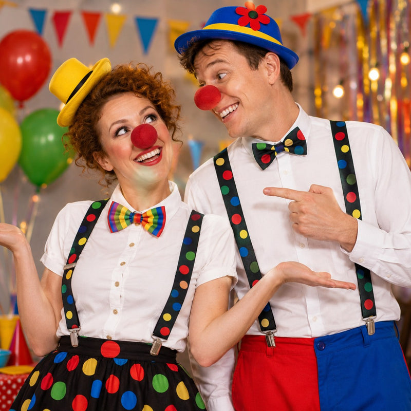 Clown Kostümset "Polka Dot" | Schwarz Bunt - Hosenträger Clownsnase