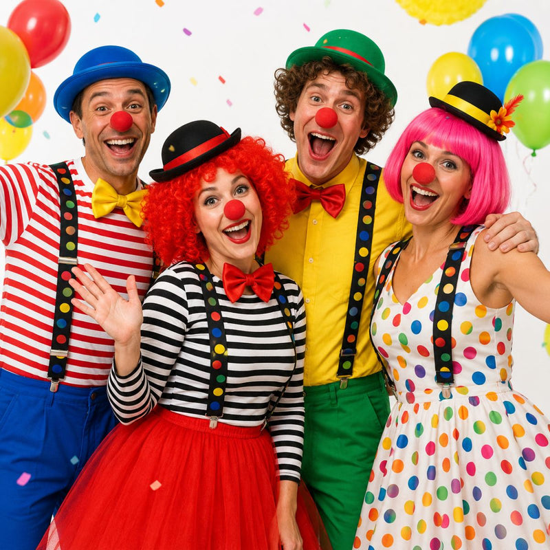 Clown Kostümset "Polka Dot" | Schwarz Bunt - Hosenträger Clownsnase