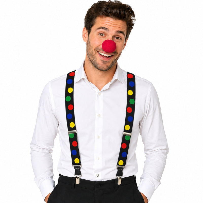 Clown Kostümset "Polka Dot" | Schwarz Bunt - Hosenträger Clownsnase