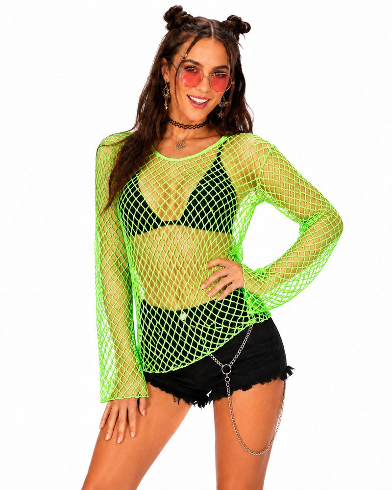 Neon Netzshirt Damen | Grün – 80er Rave Disco Festival Kostüm Oberteil