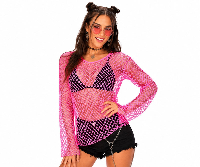 Neon Netzshirt Damen | Pink  – 80er Rave Disco Festival Kostüm Oberteil