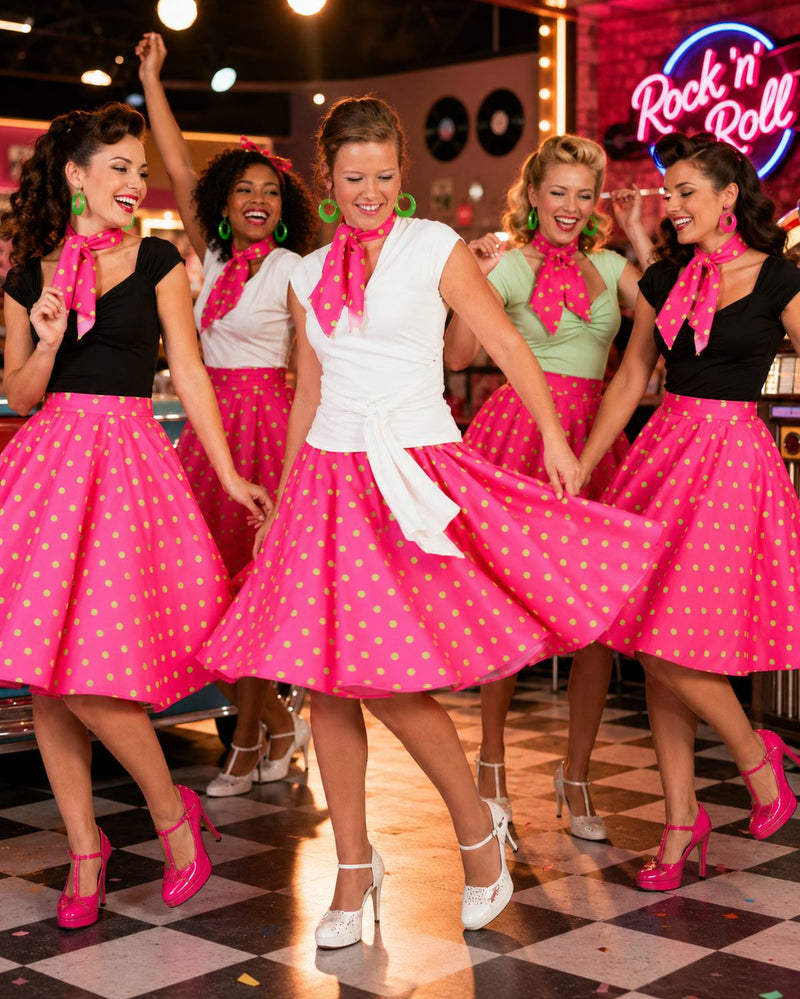 50er Jahre Kostüm - Damen Tellerrock mit Halstuch | Pink Grün