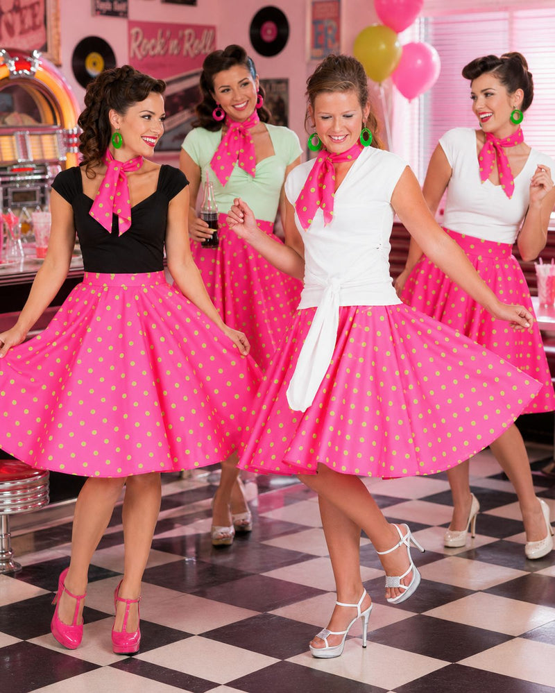 50er Jahre Kostüm - Damen Tellerrock mit Halstuch | Pink Grün