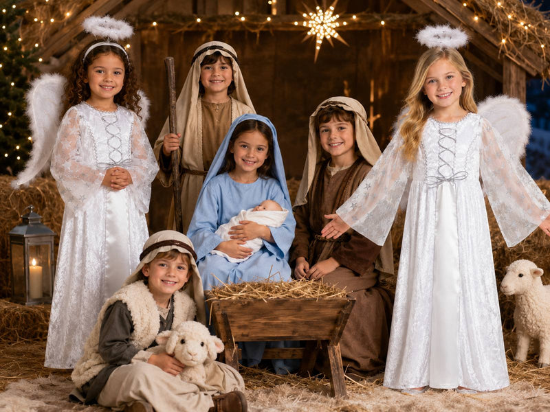 Kinder Engelskostüm "Lea" mit Sternen - Weiß Silber | Christkind Kleid Weihnachten