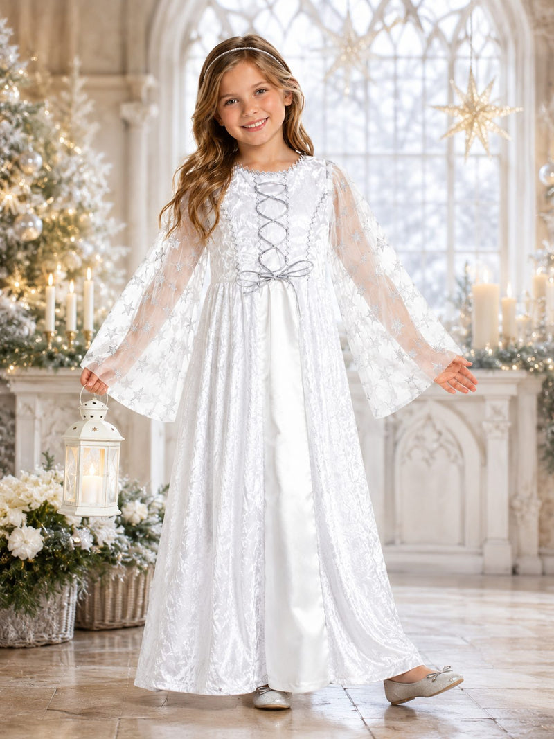 Kinder Engelskostüm "Lea" mit Sternen - Weiß Silber | Christkind Kleid Weihnachten