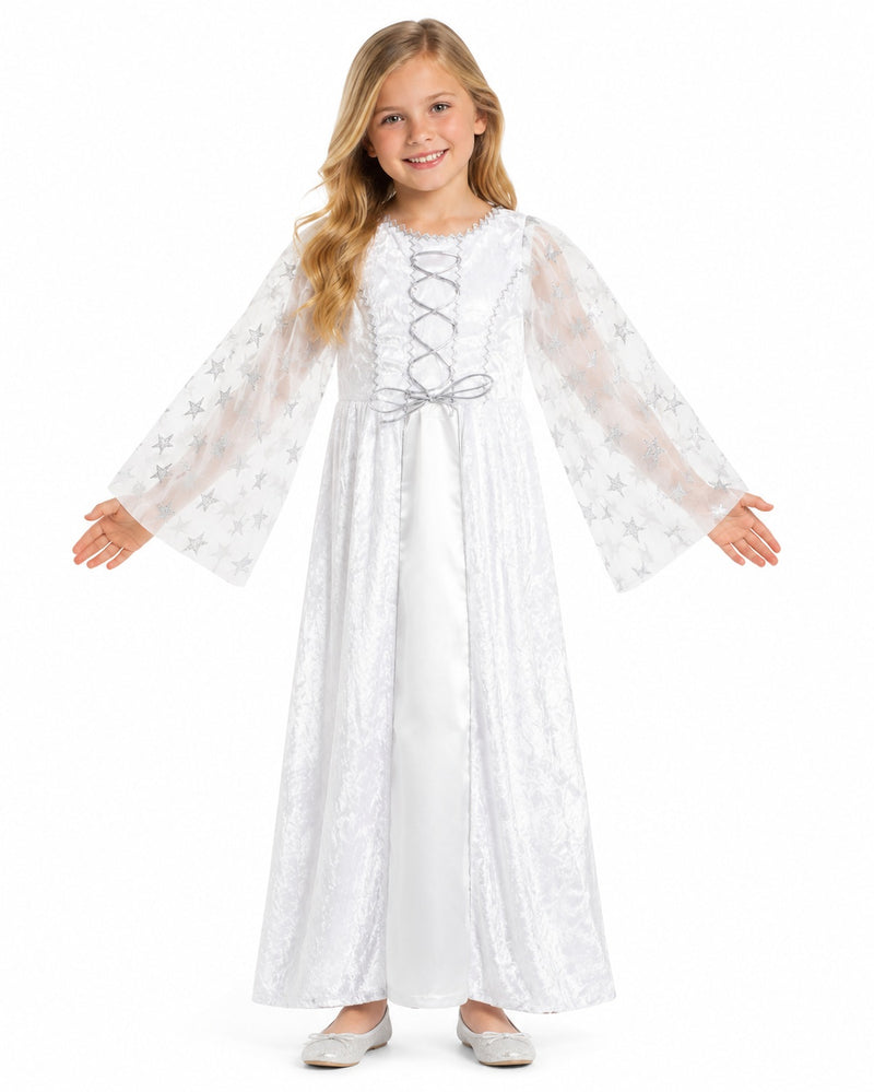 Kinder Engelskostüm "Lea" mit Sternen - Weiß Silber | Christkind Kleid Weihnachten