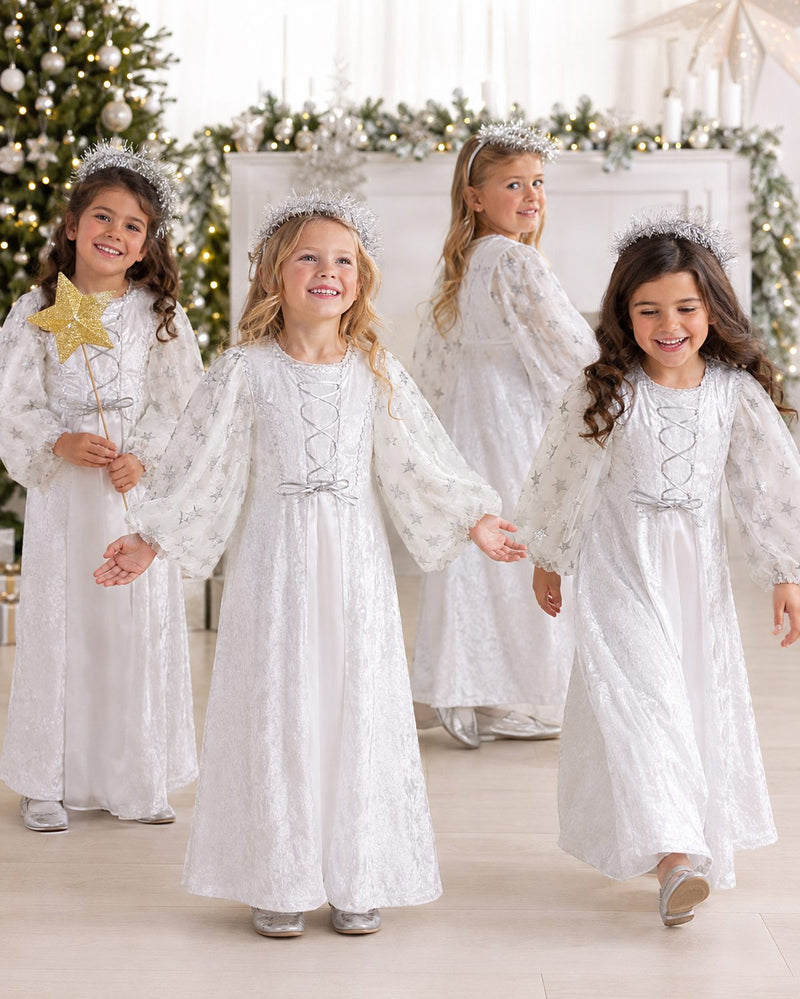 Kinder Engelskostüm "Lea" mit Sternen - Weiß Silber | Christkind Kleid Weihnachten