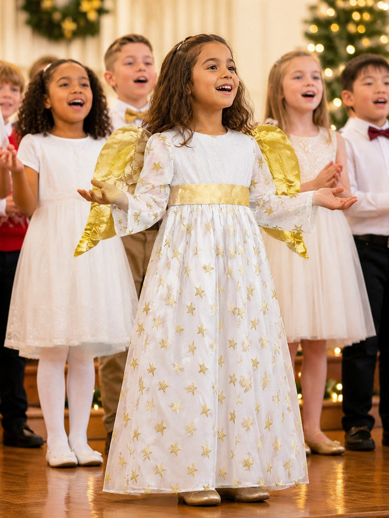 Kinder Engelskostüm "Sternen Engel" mit Flügeln - Samtkleid Weiß Gold