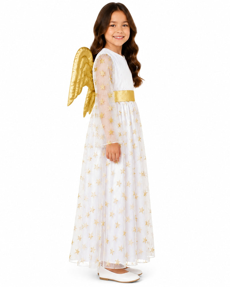 Kinder Engelskostüm "Sternen Engel" mit Flügeln - Samtkleid Weiß Gold