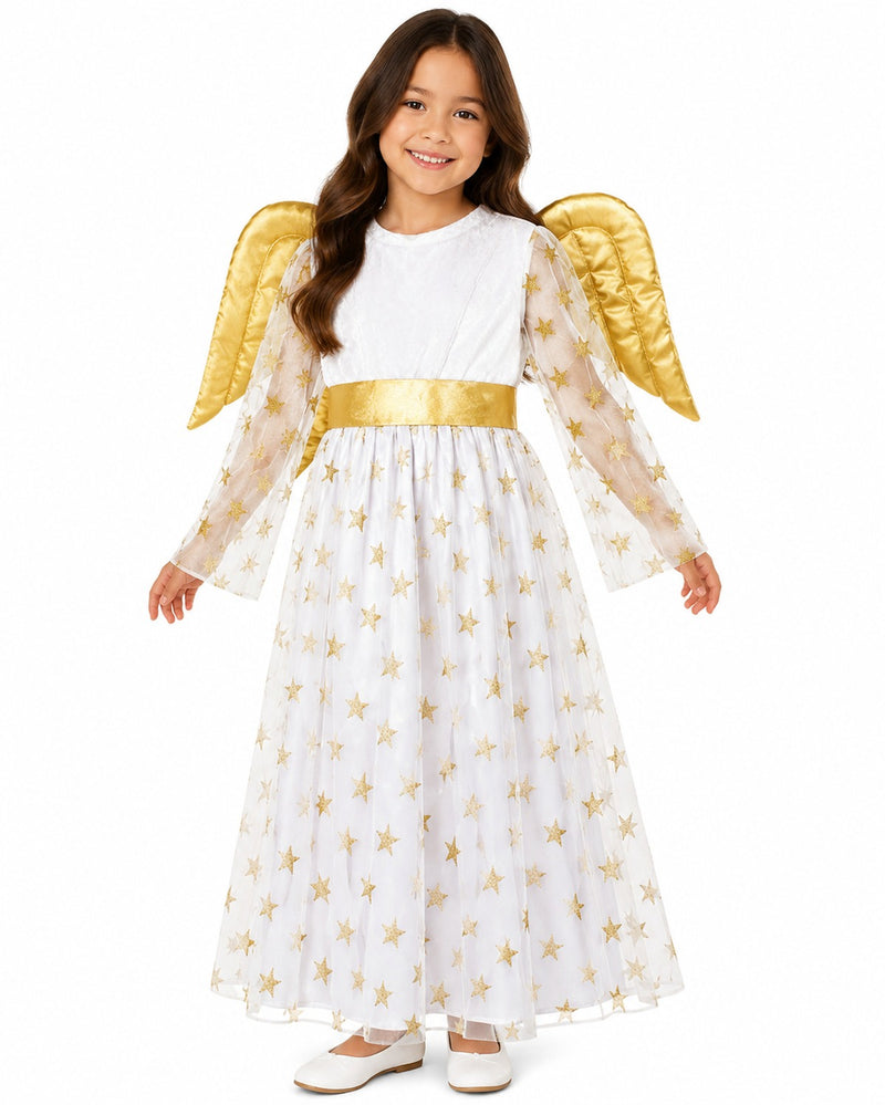Kinder Engelskostüm "Sternen Engel" mit Flügeln - Samtkleid Weiß Gold