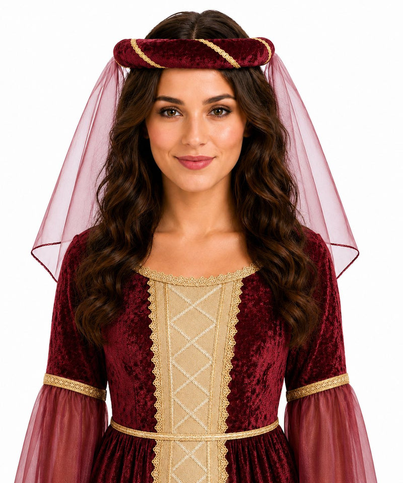 Mittelalter Haarband „Helena“ für Damen | Burgunderrot Gold mit Schleier