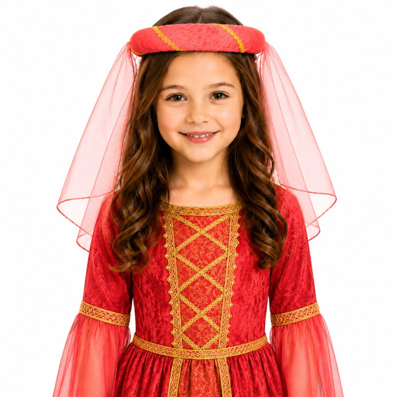 Mittelalter Haarband „Helena“ für Mädchen | Rot-Gold mit Schleier