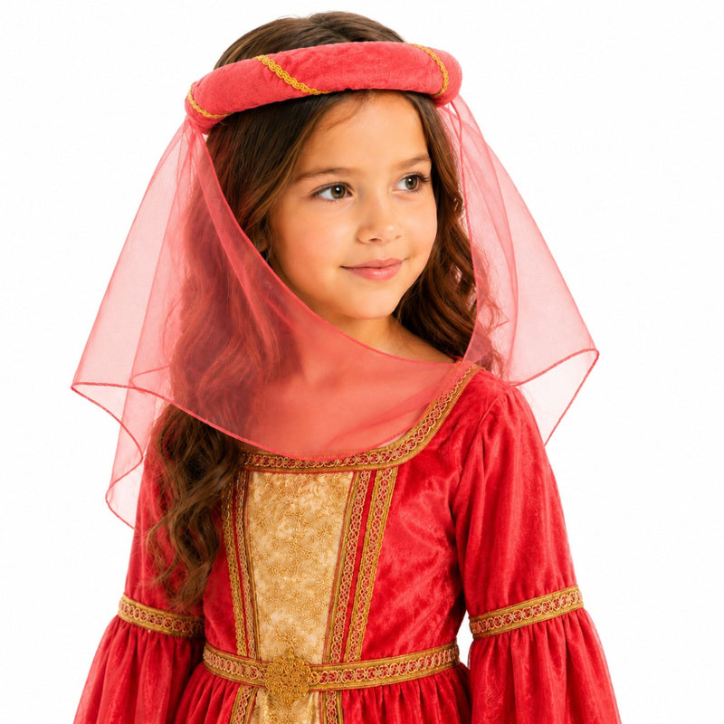 Mittelalter Haarband „Helena“ für Mädchen | Rot-Gold mit Schleier