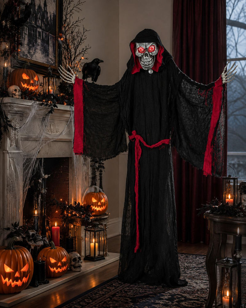 Halloween Dekoration Vampir mit Totenkopf animiert 155 cm | Standfigur mit Licht & Sound