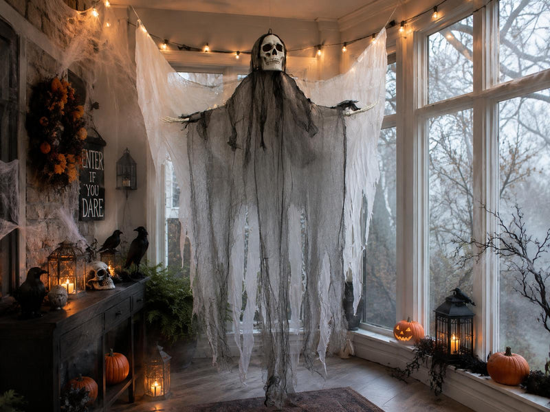 Todesengel Halloween Hängefigur 180 cm – Geist mit Flügeln & Totenkopf