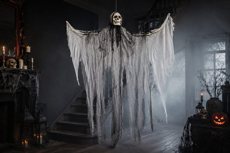 Todesengel Halloween Hängefigur 180 cm – Geist mit Flügeln & Totenkopf