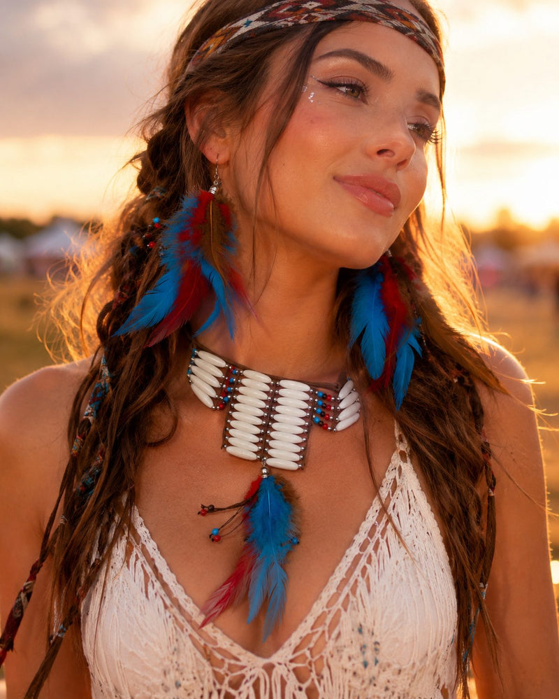 Hippie Federschmuck Set 3-tlg. | Halskette mit Federn & Ohrringe | Boho Schmuckset für Hippie Kostüm, Festival & 70er Jahre Party