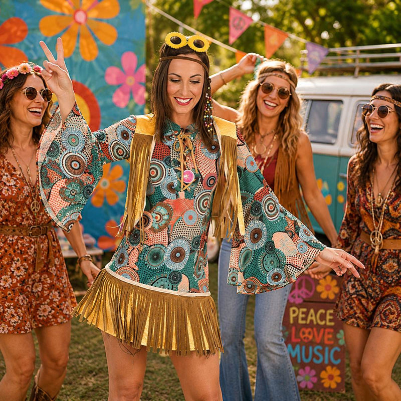 Retro Hippie Kostüm Breanna mit Fransen für Damen