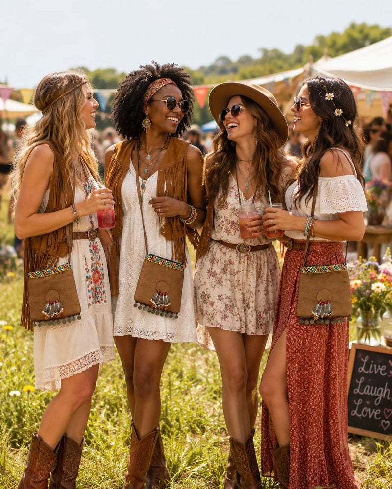 Hippie Umhängetasche mit Federn & Münzen Festival Tasche Braun