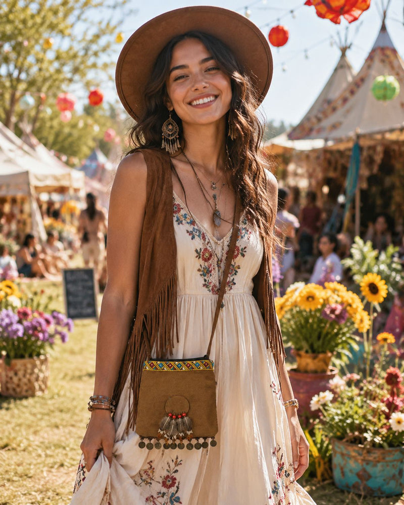 Hippie Umhängetasche mit Federn & Münzen Festival Tasche Braun