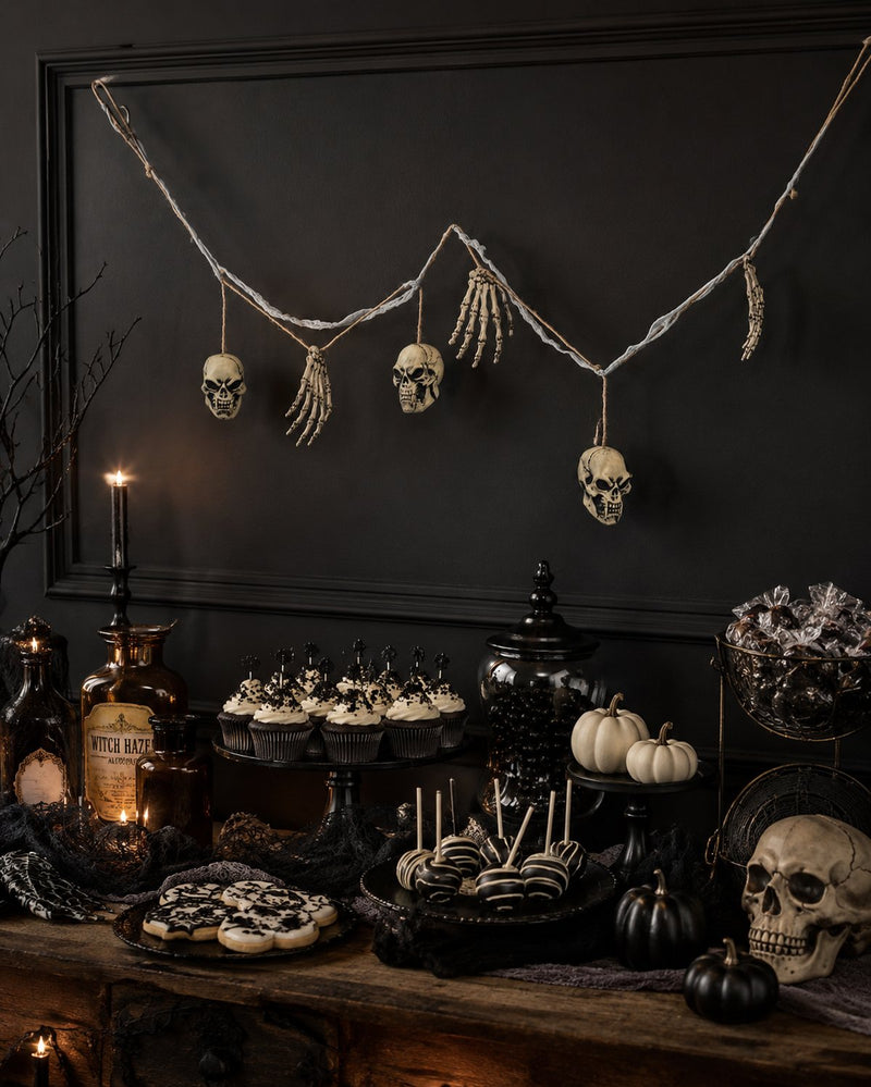 XXL Knochen und Totenkopf Girlande - 180 cm | Gruselige Party Halloween Dekoration