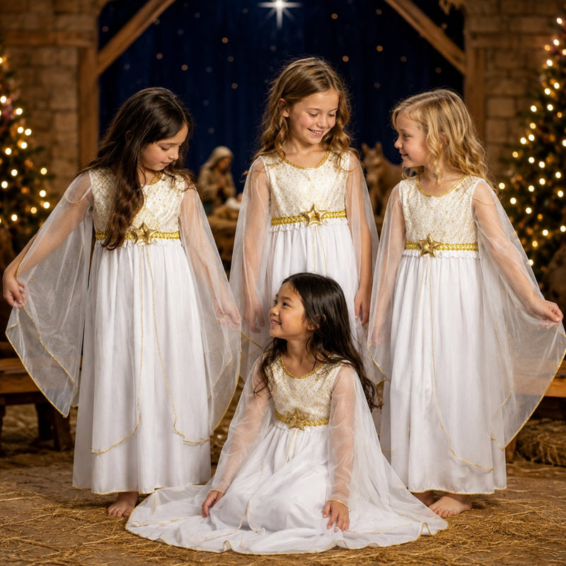 Kinder Engelskostüm "Lucia" mit Sternen | Weiß Gold