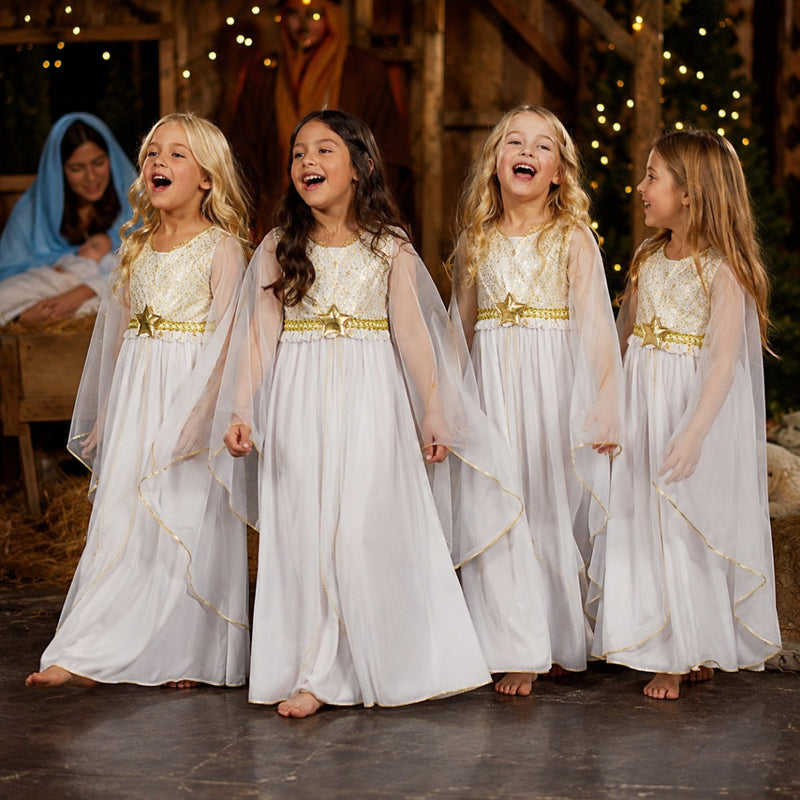 Kinder Engelskostüm "Lucia" mit Sternen | Weiß Gold