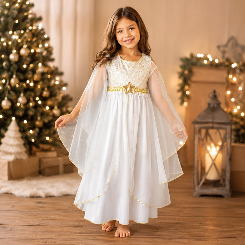 Kinder Engelskostüm "Lucia" mit Sternen | Weiß Gold