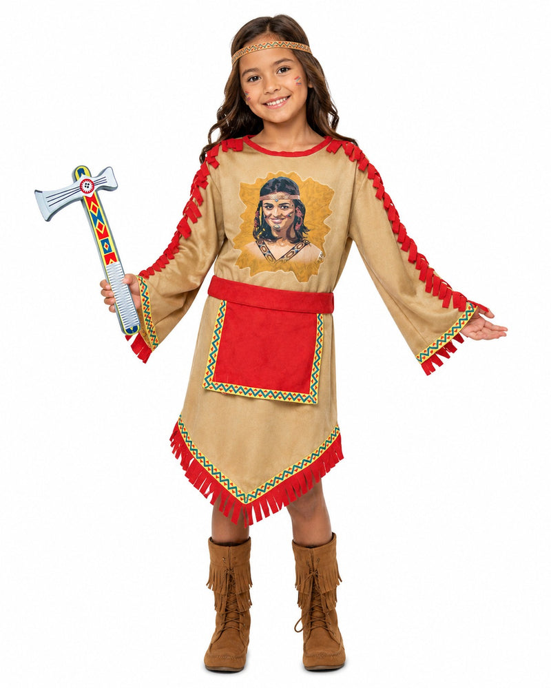 Aponi Mädchen Kostüm mit Fransen Kleid und Tomahawk